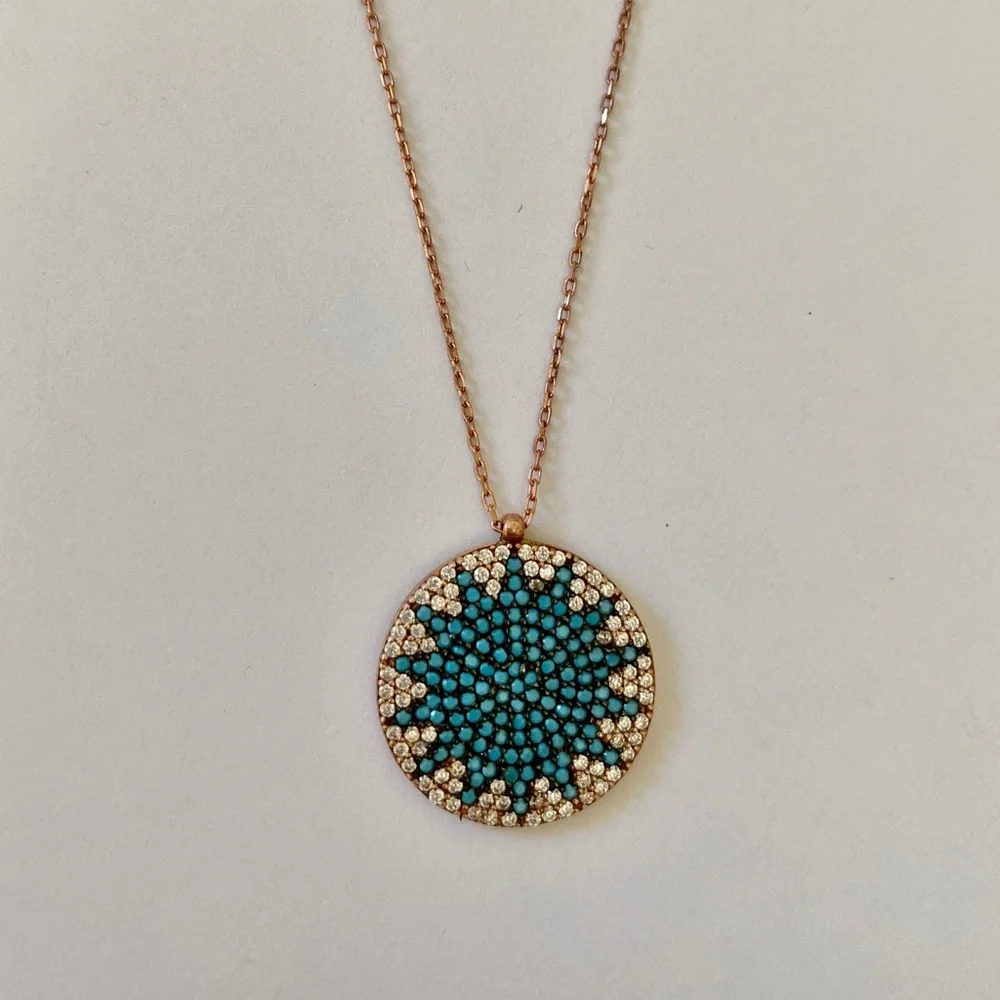 925 Silver blue sun necklace cz turquoise stones 14k rose gold plated